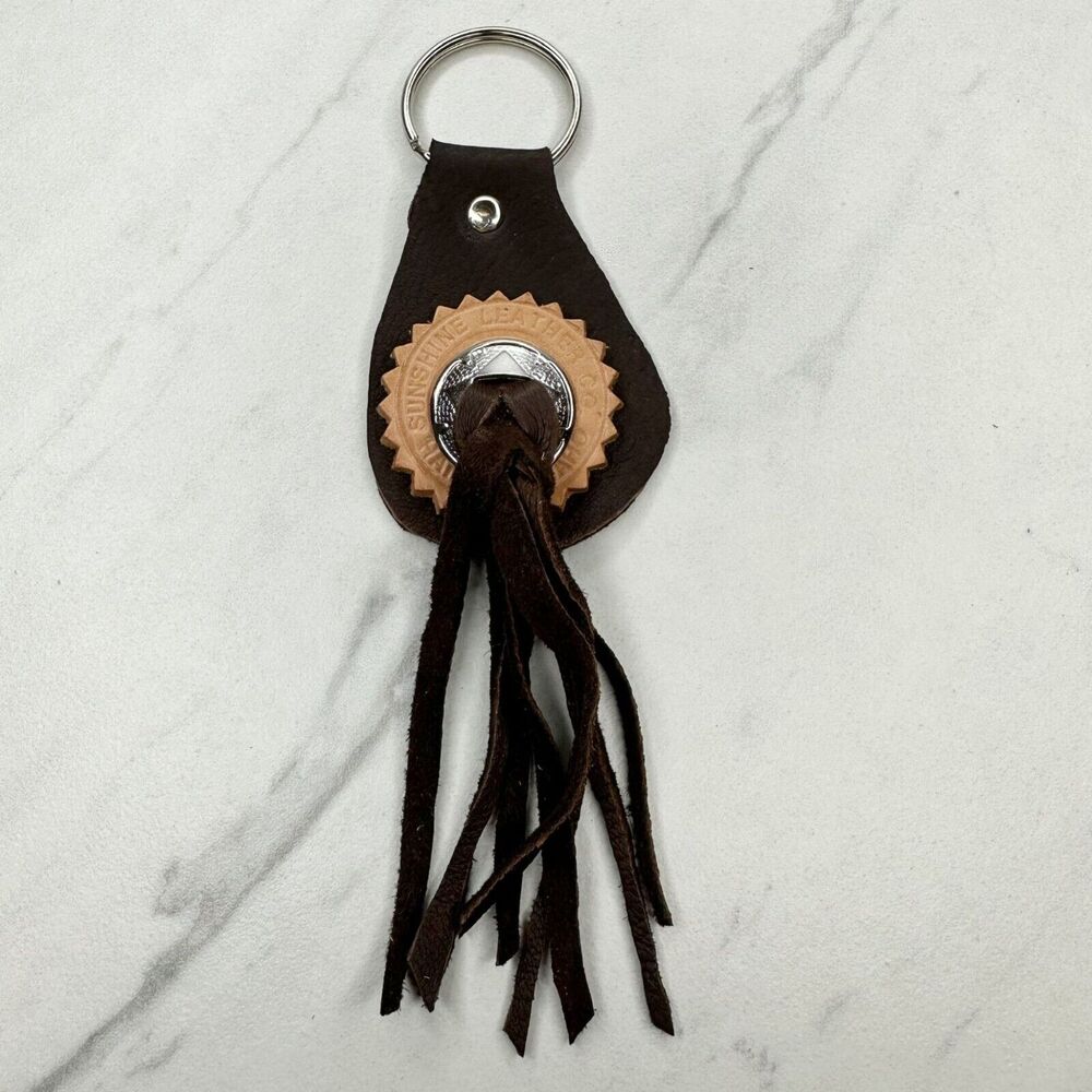 Soft Brown Leather Fringe Western Concho Boho Keychain Keyring